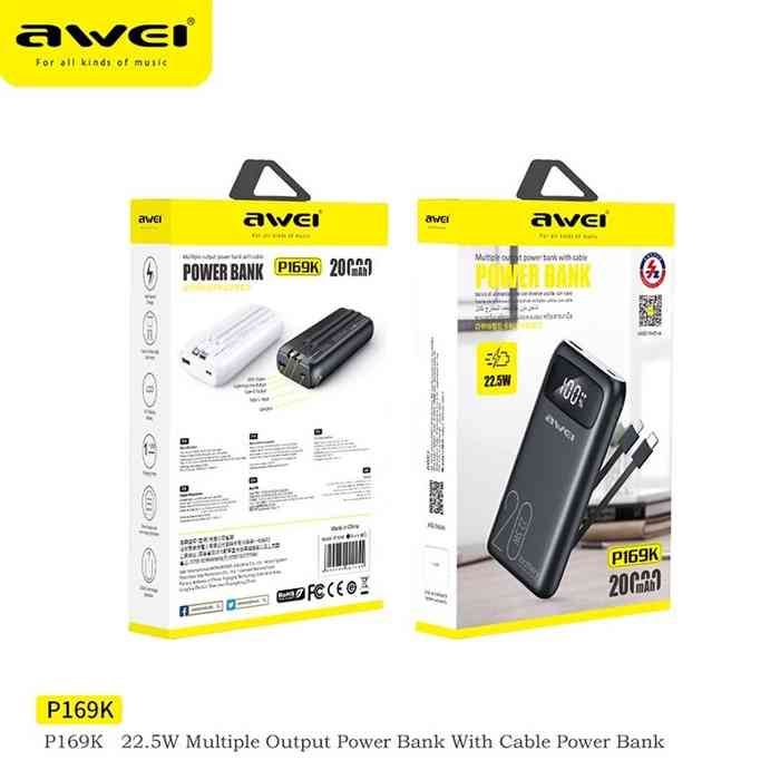 Awei P169K 20000mAh Power Bank 22.5W Dual Input Dual Output with Built-in Cable